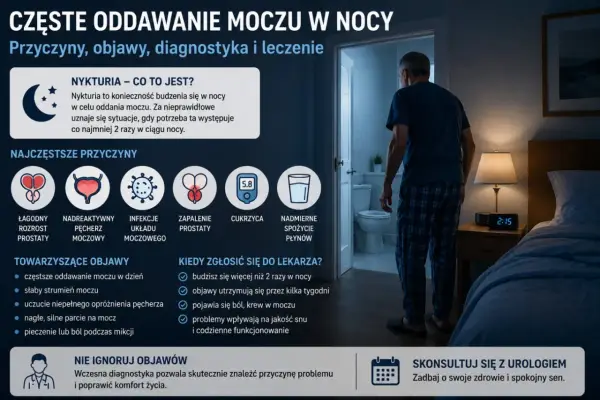 Nykturia, czyli częste oddawanie moczu w nocy, może mieć różne przyczyny: łagodny rozrost prostaty, nadreaktywny pęcherz, infekcje, zapalenie prostaty, cukrzyca, nadmierne spożycie płynów.