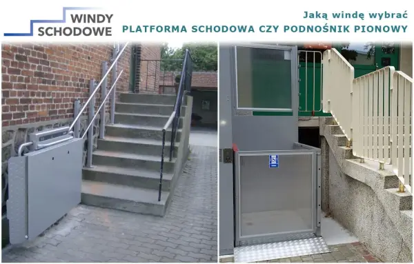 Platforma schodowa i podnośnik pionowy ułatwiające poruszanie się osobom niepełnosprawnym.