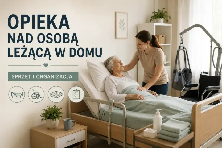 Młoda kobieta opiekuje się starszą osobą leżącą w łóżku. W tle widać sprzęt rehabilitacyjny.